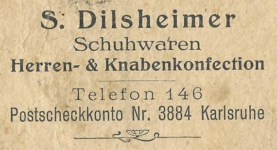 Postcard from " S.Dilsheimer,Schuhwaren - Herren-& Knabenkonfection " in Mosbach, - mailed 20.May 1922 - detail enlargement address