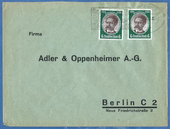 Briefumschlag der " Adler & Oppenheimer A.-G. " in Berlin, Neue Friedrichstraße 2, - versandt am 30.12.1935 