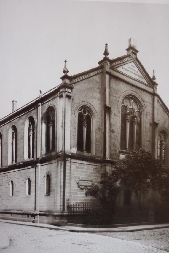 Old photo of synagogue with high windows