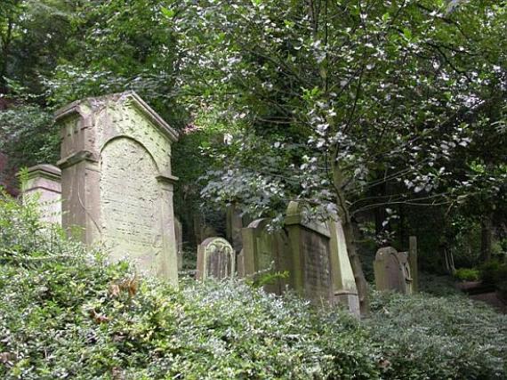 Several gravestones on a hill