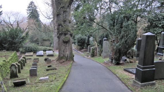 Small path with gravestones on the sides