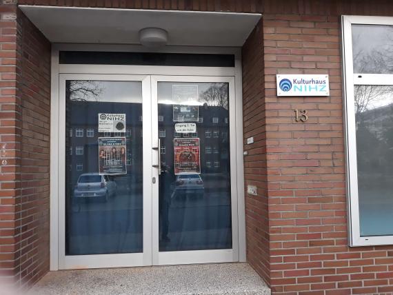 Entrance door of the Jewish culture house with concert posters