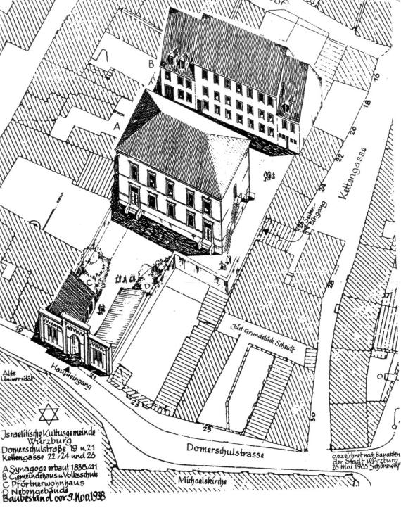 Lageplan der Anwesen Domerschulstr. 19 und 21, Kettengasse 22-26. Dreidimensionale Hervorhebung der Gebäude der Israelitischen Kultusgemeinde Würzburg