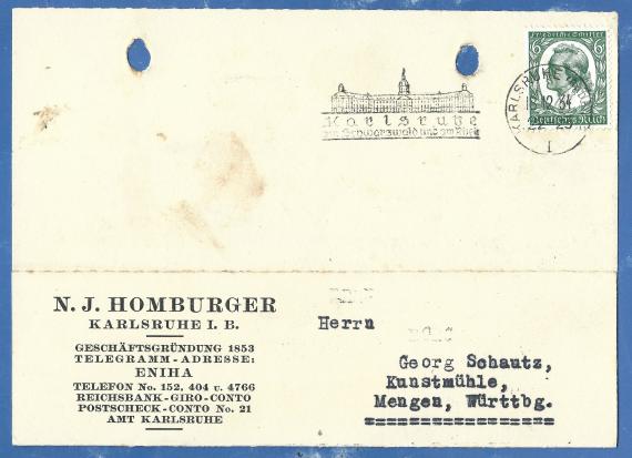 Business postcard of the " Getreide-Lebensmittel-Großhandlung N. J. Homburger " in Karlsruhe, - mailed on 18- December 1934 - front of card