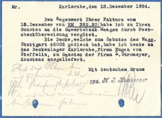 Geschäftspostkarte der " Getreide-Lebensmittel-Großhandlung N. J. Homburger in Karlsruhe, - versandt am 18- Dezember 1934 - Kartenrückseite