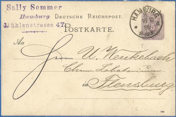 Postkarte geschäftlicher Art von Sally Sommer in Hamburg, Mühlenstraße 47, - versandt nach Flensburg am 18. Oktober 1886 