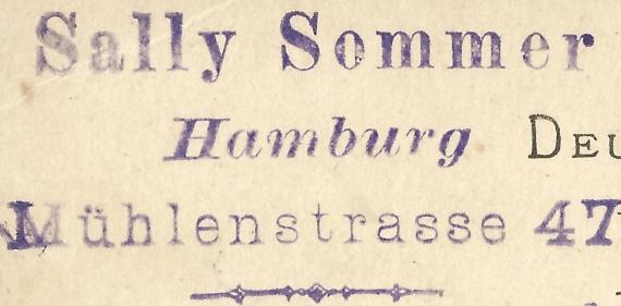 Postkarte geschäftlicher Art von Sally Sommer in Hamburg, Mühlenstraße 47, - versandt nach Flensburg am 18. Oktober 1886 - Ausschnittvergrößerung Adressenstempel