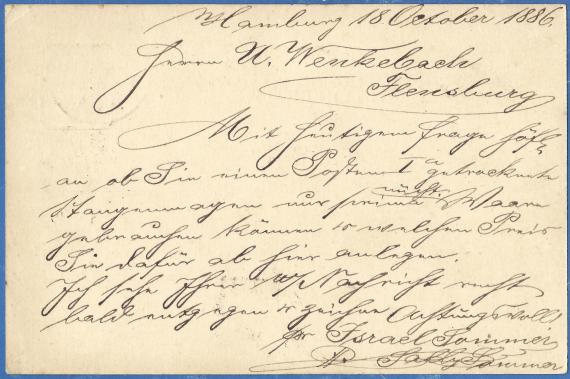 Postcard of a business nature from Sally Sommer in Hamburg, Mühlenstraße 47, - mailed to Flensburg on October 18, 1886 - back of card