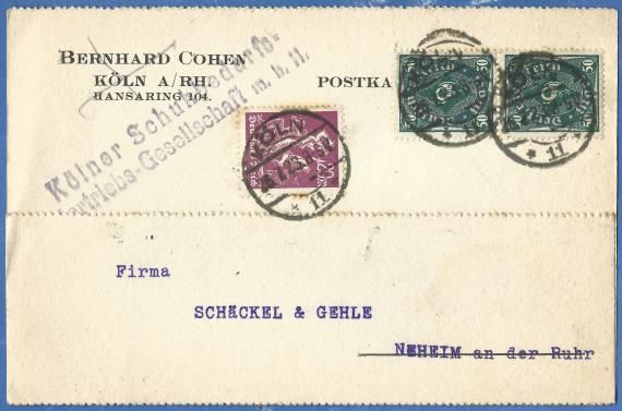 Geschäftspostkarte der " Kölner Schuhbedarfs-Veriebsgesellschaft Bernhard Cohen " in Köln, Hansaring 104, - versandt am 26. Juli 1923 