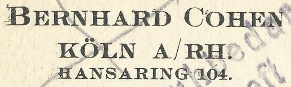 Geschäftspostkarte der " Kölner Schuhbedarfs-Veriebsgesellschaft Bernhard Cohen " in Köln, Hansaring 104, - versandt am 26. Juli 1923 - Ausschnittvergrößerung Adresse