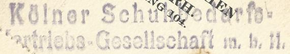 Geschäftspostkarte der " Kölner Schuhbedarfs-Veriebsgesellschaft Bernhard Cohen " in Köln, Hansaring 104, - versandt am 26. Juli 1923 - Ausschnittvergrößerung Firmenname