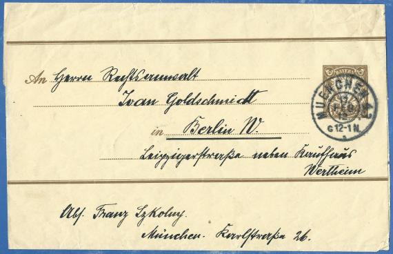 Envelope addressed to Mr. Ivan Goldschmidt, attorney at law, in Berlin W., Leipzigerstrasse next to Wertheim department store, - mailed February 17, 1912