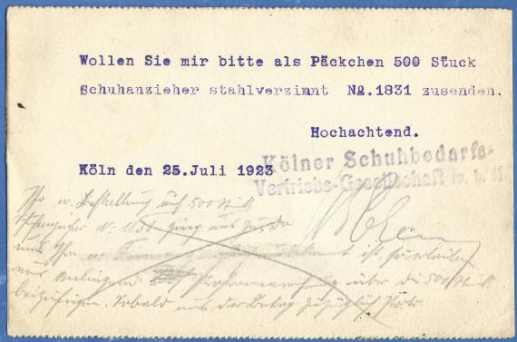 Geschäftspostkarte der " Kölner Schuhbedarfs-Veriebsgesellschaft Bernhard Cohen " in Köln, Hansaring 104, - versandt am 26. Juli 1923 - Kartenrückseite