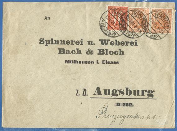 Envelope addressed to " Spinnerei und Weberei Bach & Bloch " Mulhouse i. Alsace - currently Augsburg - D252 - Prinzregentenstraße 1 - mailed 15 October 1921