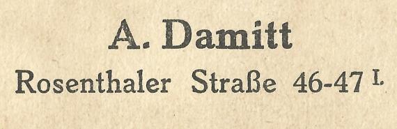 Business postcard from A.Damitt, Berlin, Rosenthaler Straße 46/47, - mailed on October 21, 1930 - clipping enlargement address