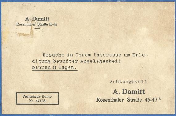 Business postcard from A.Damitt, Berlin, Rosenthaler Straße 46/47, - mailed on October 31, 1930 - back of card