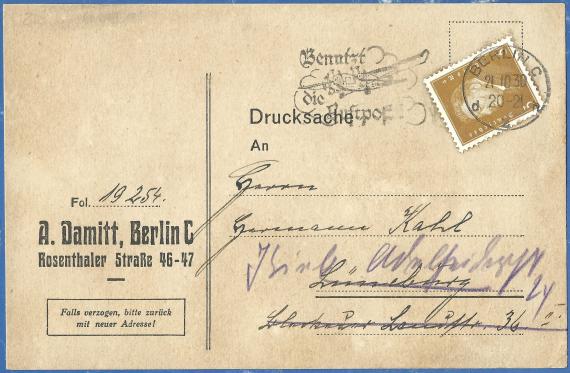 Business postcard from A.Damitt, Berlin, Rosenthaler Straße 46/47, - mailed on October 31, 1930