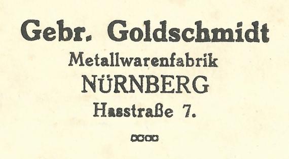 Geschäftspostkarte der " Metallwarenfabrik Gebr. Goldschmidt "in Nürnberg,Hasstraße 7, - versandt am 25. April 1923 - Ausschnittvergrößerung Firmenadresse