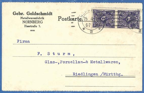 Business postcard of " Metallwarenfabrik Gebr. Goldschmidt "in Nuremberg,Hasstraße 7, - mailed on April 25, 1923