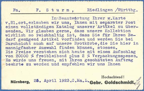 Business postcard of the " Metallwarenfabrik Gebr. Goldschmidt "in Nürnberg,Hasstraße 7, - mailed on April 25, 1923 - back of card