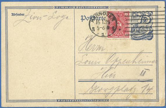 Postkarte der " Zion-Loge " in Hannover, Einladung zu einer Sitzung des Baukomites und Beamtenrates, - versandt am 16. Januar 1923 