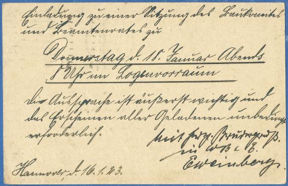Postkarte - Louis Oppenheimer Postkarte an Herrn Louis Oppenheimer in Hannover,Georgstraße 14, - versandt am 16. Januar 1923 - Kartenrückseite