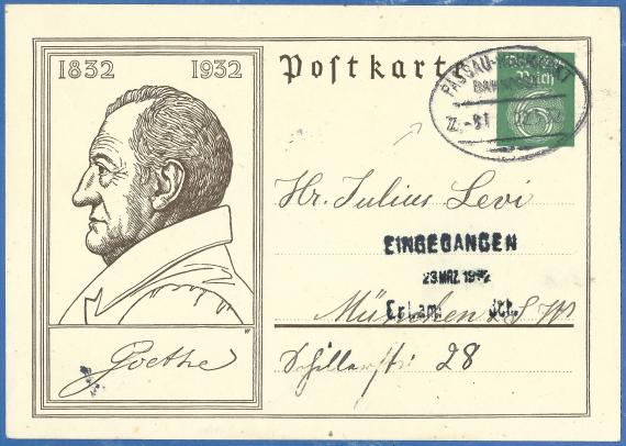 Postkarte - Julius Levi Postkarte an Herrn Julius Levi in München, Schillerstraße 28 - versandt am 22. März 1932