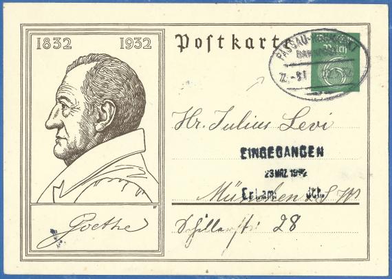 Postcard to Mr. Julius Levi in Munich, Schillerstraße 28 - mailed March 22, 1932