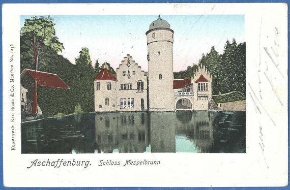 Ansichtskarte Aschaffenburg - Schloss Mespelbrunn - versandt am 17. November 1910 an Fräulein Paula Löwenstein in Göttingen, Gronerstraße 6 - Kartenbildseite