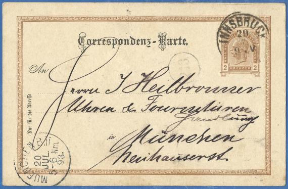 Postkarte geschäftlicher Art an Herrn J.Heilbronner, Uhren & Fourniturenhandlung in München,Neuhauser Straße, - versandt am 20. Juli 1893