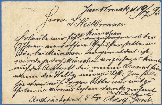 Postkarte geschäftlicher Art an Herrn J.Heilbronner, Uhren & Fourniturenhandlung in München,Neuhauser Straße, - versandt am 20. Juli 1893 - Kartenrückseite