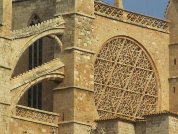 Large window of the cathedral in Palma. Star of David in the ornaments.