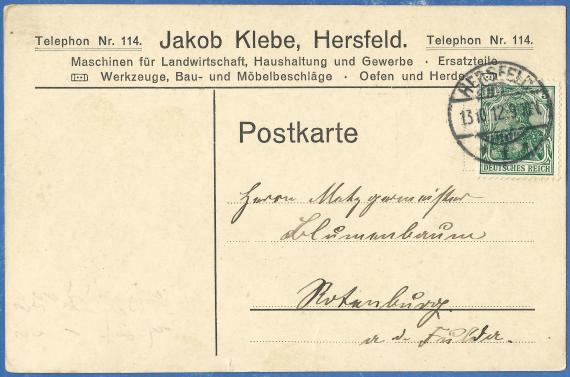 Geschäftspostkarte von Jakob Klebe, Maschinen für Landwirtschaft,Haushaltung und Gewerbe, Ersatzteile, Werkzeuge, Bau- und Möbelbeschläge, Oefen und Herde, - versandt am 13. Oktober 1912