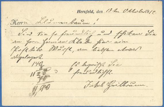 Geschäftspostkarte von Jakob Klebe, Maschinen für Landwirtschaft,Haushaltung und Gewerbe, Ersatzteile, Werkzeuge, Bau- und Möbelbeschläge, Oefen und Herde, - versandt am 13. Oktober 1912 - Kartenrückseite