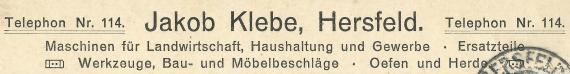 Geschäftspostkarte von Jakob Klebe, Maschinen für Landwirtschaft,Haushaltung und Gewerbe, Ersatzteile, Werkzeuge, Bau- und Möbelbeschläge, Oefen und Herde, - versandt am 13. Oktober 1912 - Ausschnittvergrößerung - Geschäftsadresse