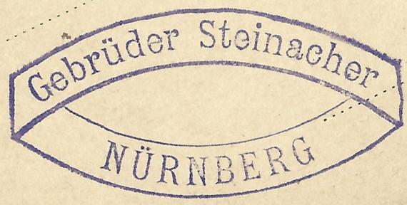 Postkarte geschäftlicher Art der " Gebrüder Steinacher " in Nürnberg, - versandt am 21. November 1883 - Ausschnittvergrößerung Firmenstempel