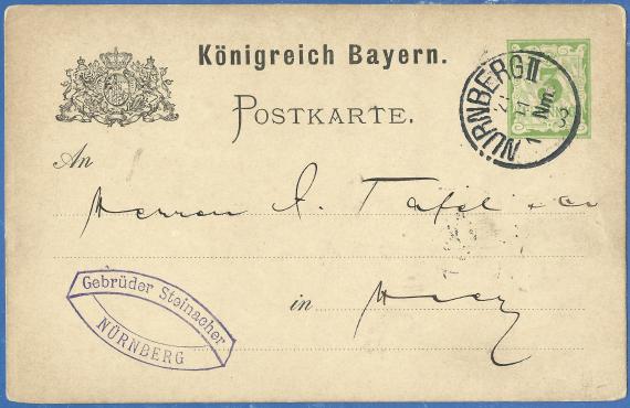 Postkarte geschäftlicher Art der " Gebrüder Steinacher " in Nürnberg, - versandt am 21. November 1883 