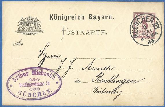 Postkarte geschäftlicher Art von Arthur Michaelis in München,Kaufingerstraße 23 - versandt am 9. Mai 1889 