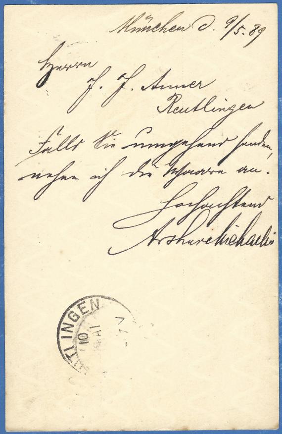 Postkarte geschäftlicher Art von Arthur Michaelis in München,Kaufingerstraße 23 - versandt am 9. Mai 1889 - Kartenrückseite