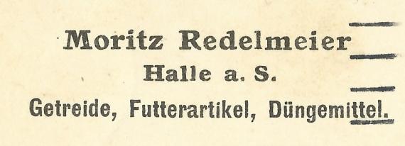 Postkarte geschäftlicher Art von " Moritz Redelmeier, Getreide, Futtermittel, Düngemittel " in Halle an der Saale - versandt am 15. Oktober 1912 an Herrn E. Blumenbaum in Rotenburg - Ausschnittvergrößerung Firmenname