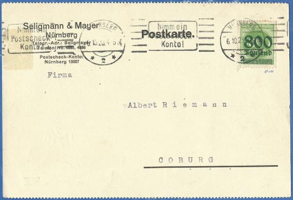 Geschäftspostkarte von " Seligmann & Mayer " Nürnberg, - versandt am 6. Oktober 1923 