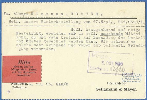 Geschäftspostkarte von " Seligmann & Mayer " Nürnberg, - versandt am 6. Oktober 1923 - Kartenrückseite