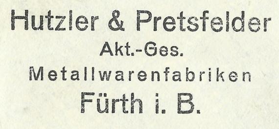 Briefumschlag der " Hutzler & Pretsfelder Akt.-Ges. Metallwarenfabriken " in Fürth - versandt am 10. August 1932 - Ausschnittvergrößerung Firmenname