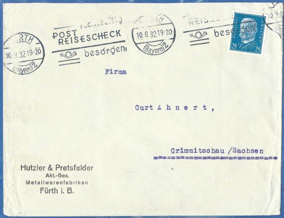 Envelope of " Hutzler & Pretsfelder Akt.-Ges. Metallwarenfabriken " in Fürth - mailed on August 10, 1932