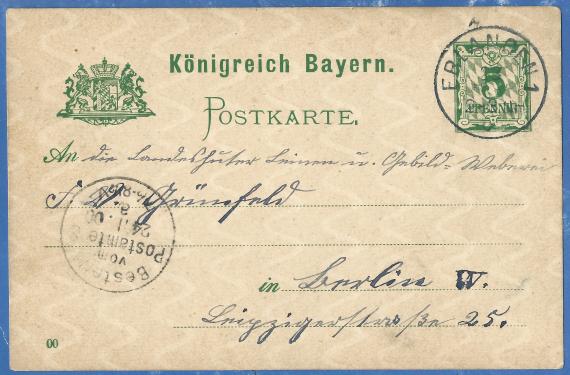 Postkarte geschäftlicher Art an die " Landeshuter Leinen und Gebild-Weberei F.V. Grünfeld " in Berlin, Leipzigerstraße 25, - versandt am 23.November 1900