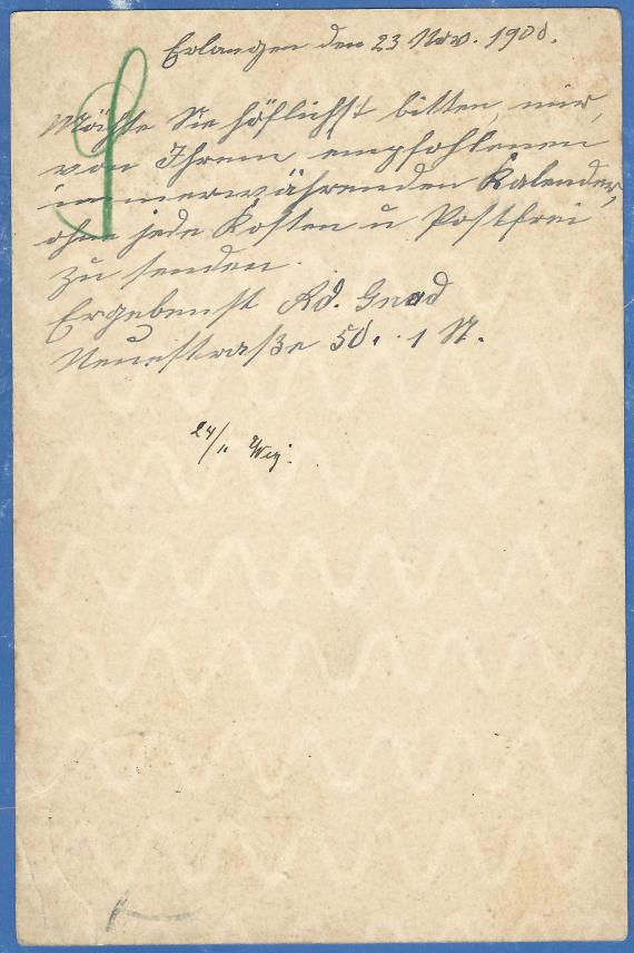 Postcard of business nature to " Landeshuter Leinen und Gebild-Weberei F.V. Grünfeld " in Berlin, Leipzigerstraße 25, - mailed on November 23, 1900 - back of card