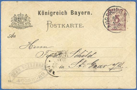 Postkarte geschäftlicher Art der " Gebrüder Rosenberg " von Augsburg, - versandt am 21.November 1889 