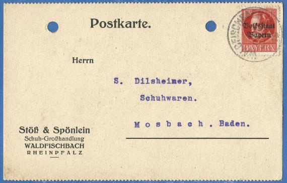 Postcard of a business nature to Mr. S. Dilsheimer, Schuhwaren, in Mosbach, - mailed October 2, 1919.