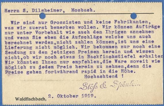 Postkarte geschäftlicher Art an Herrn S. Dilsheimer, Schuhwaren, in Mosbach, - versandt am 2. Oktober 1919  - Kartenrückseite