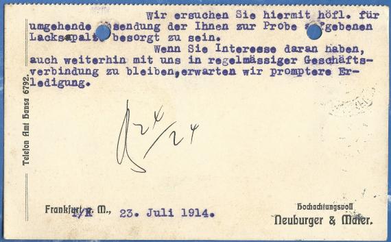 Business postcard of " Ledergroßhandlung Neuburger & Maier " in Frankfurt a. M. - mailed July 23, 1914 - back of card